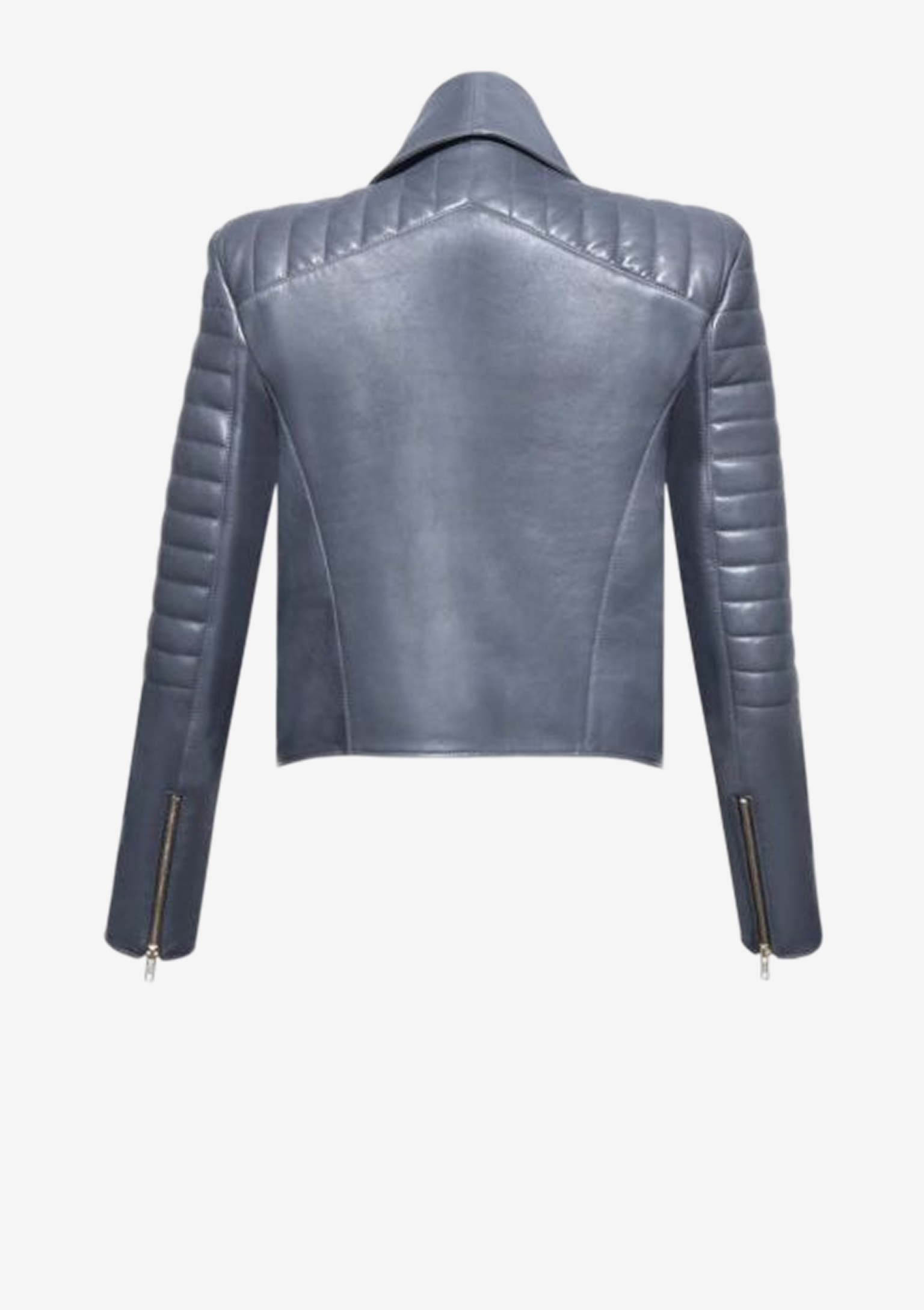 Rückansicht der schiefergrauen Designer Lederjacke für Damen aus Lammleder mit Volantkragen und Bikersteppungen an Schultern und Ärmeln