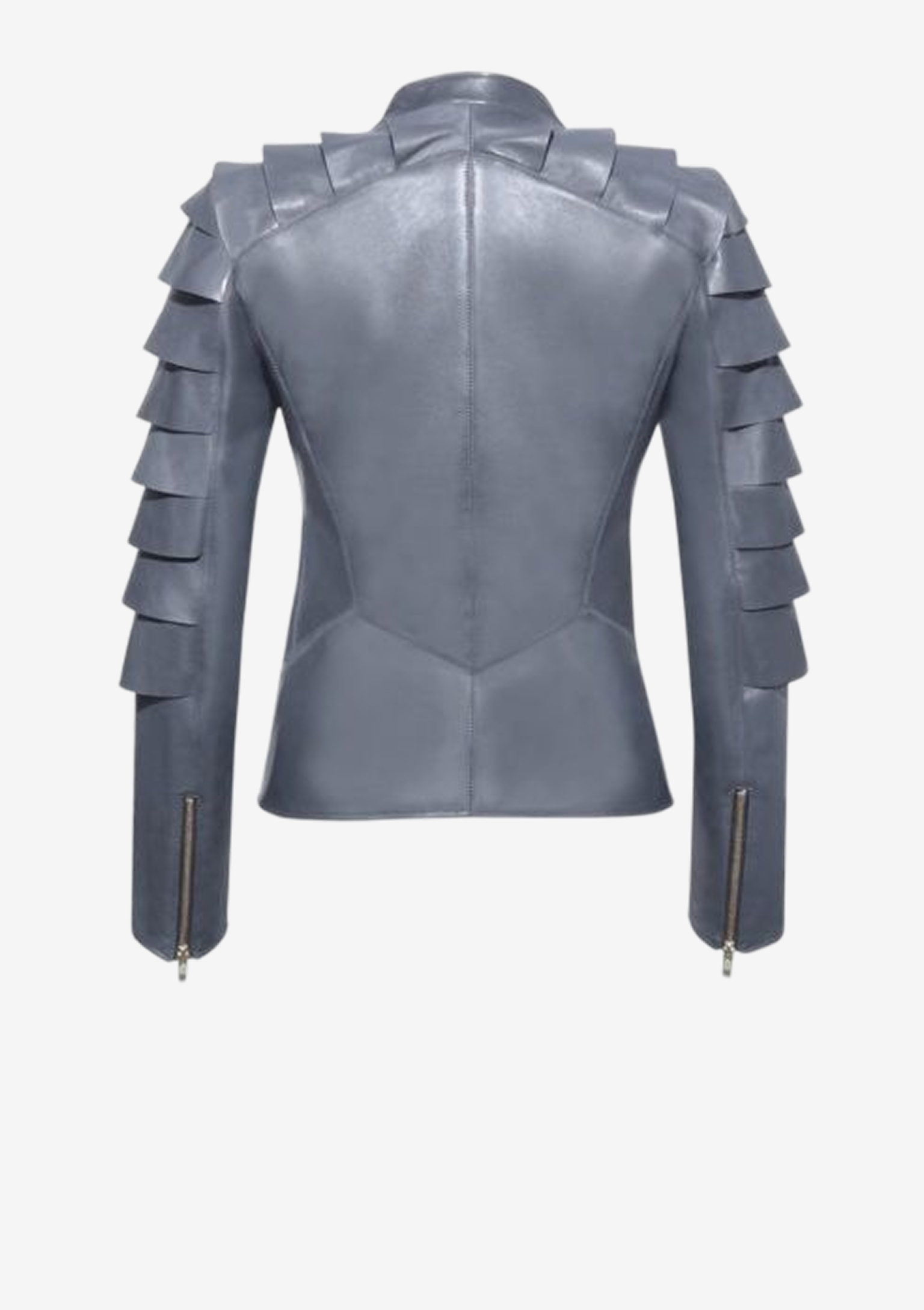 Rückansicht Schiefergraue Designer Biker Lederjacke für Damen aus Lammleder mit Schuppenärmeln und matt goldenen Reißverschlüssen