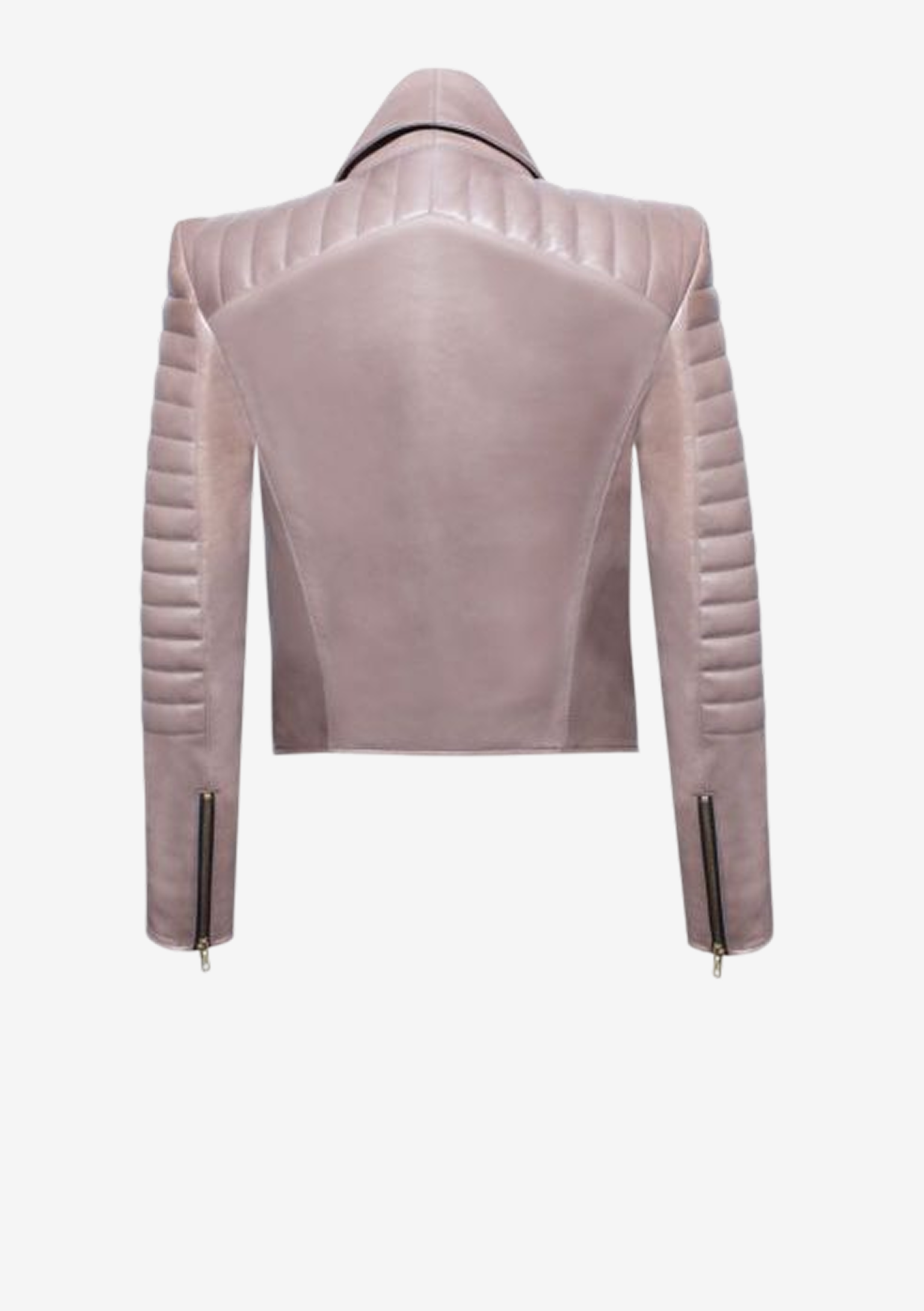 Rückansicht der Designer Lederjacke für Damen in Mauve mit Volantkragen und Bikersteppungen an den Ärmeln von Stefan Eckert