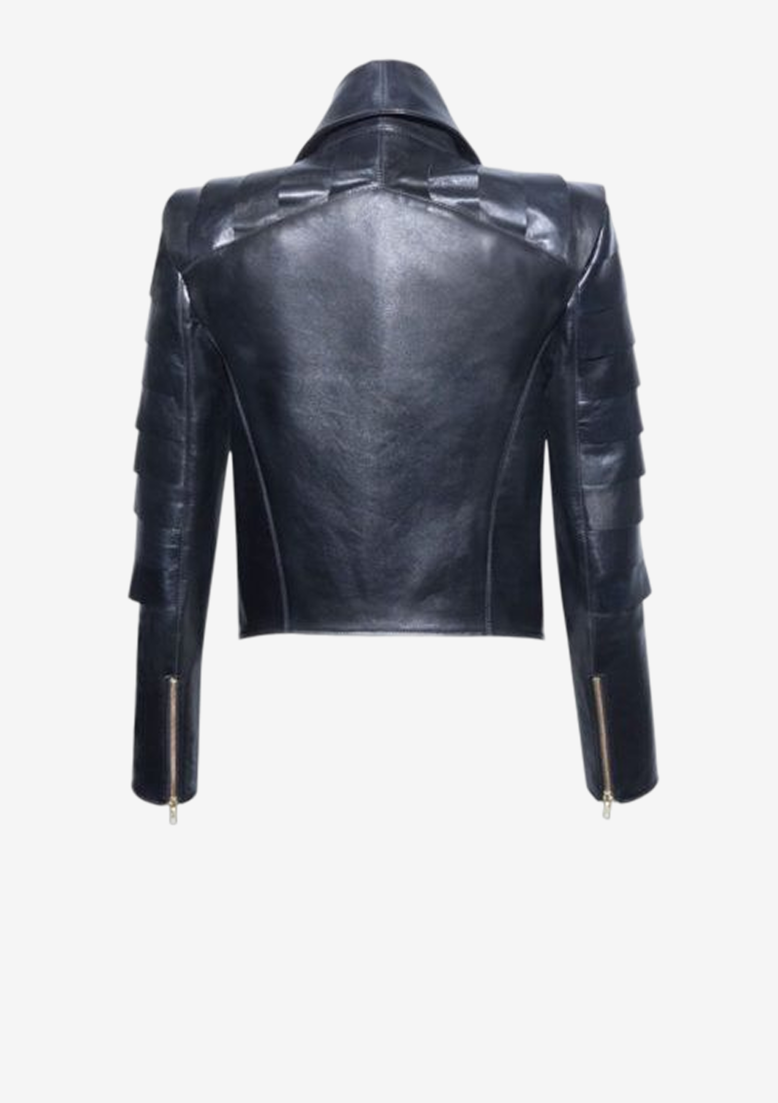 Rückansicht der schwarzen Designer Lederjacke für Damen mit Volantkragen und schuppenartigen Lederapplikationen an den Ärmeln von Stefan Eckert