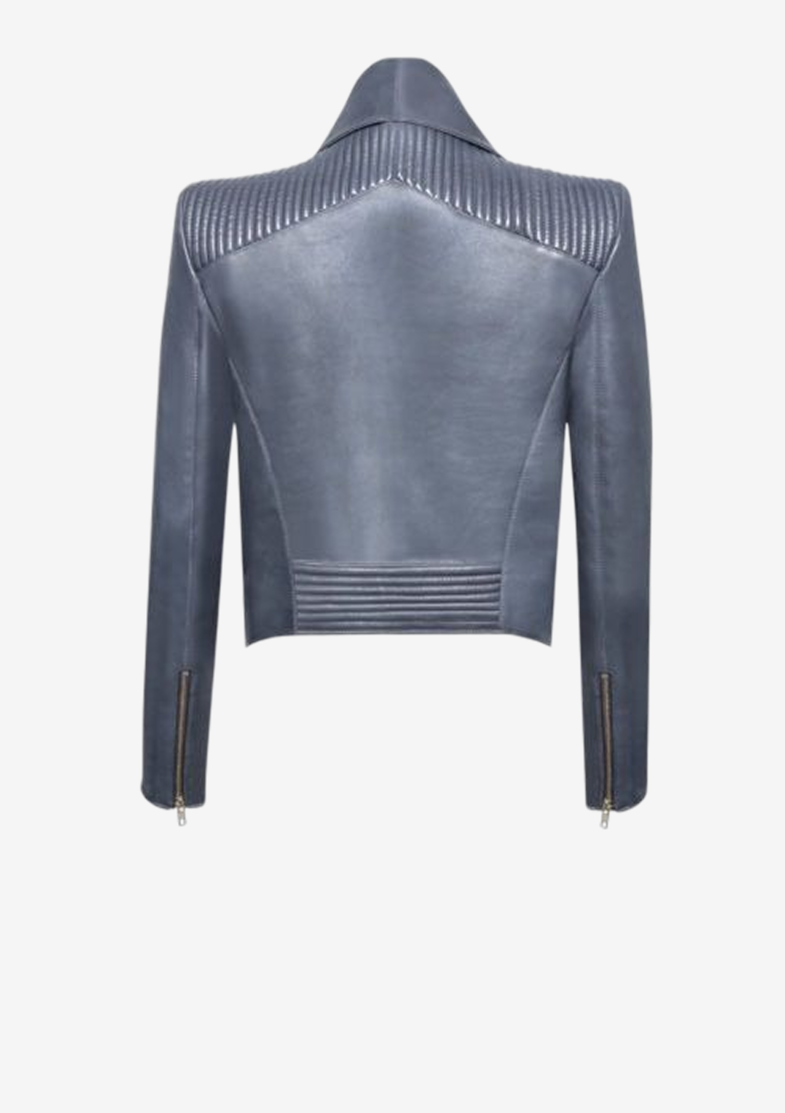 Rückansicht von schiefergrauer Designer Lederjacke für Damen mit Volantkragen und feinen Steppungen an den Schultern von Stefan Eckert