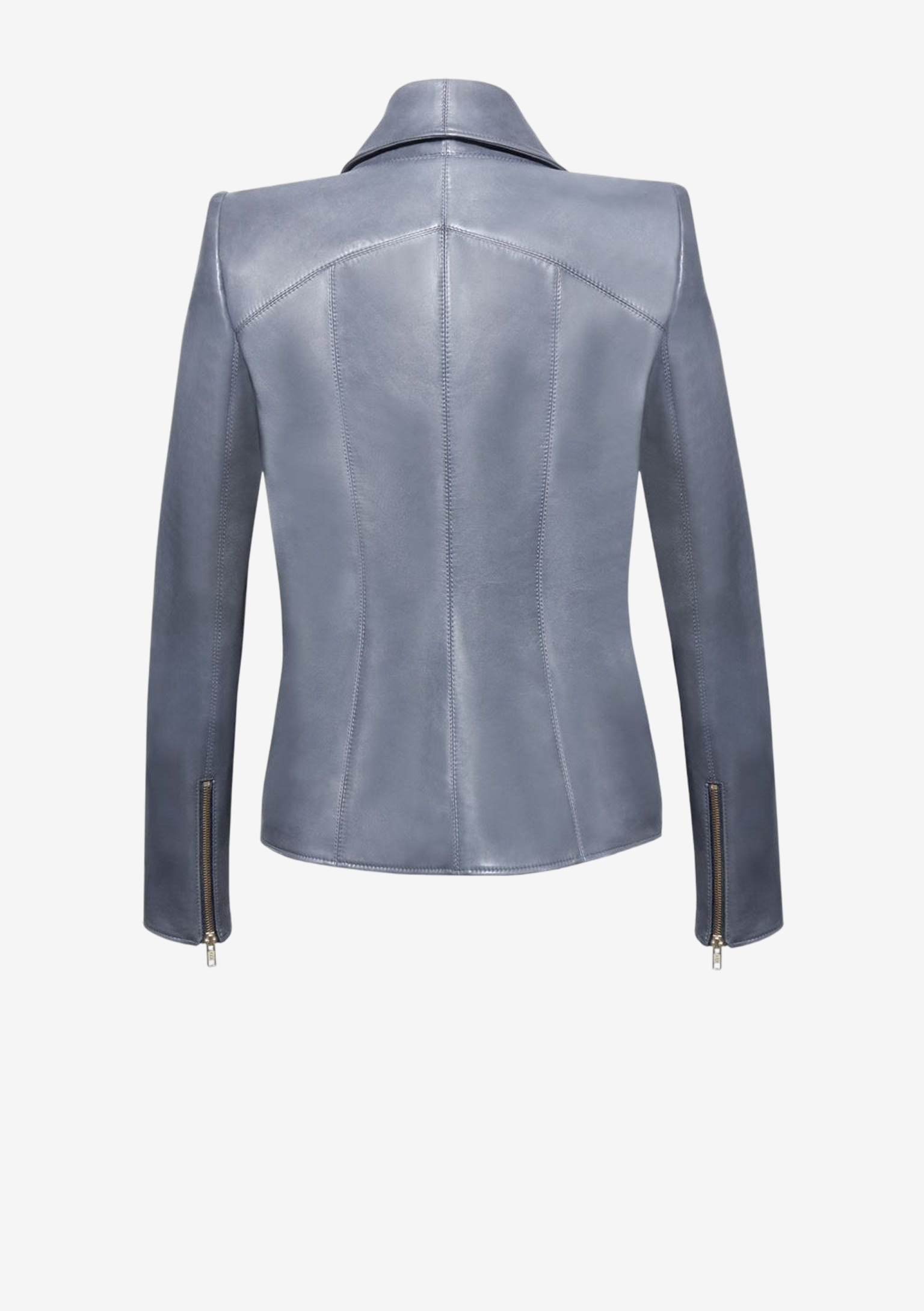 Rückansicht des Designer Lederblazes für Damen aus feinem Lammleder in Schiefergrau von Stefan Eckert.. Taillierter Lederblazer mit Schalkragen und präziser Schnittführung, Made in Germany.