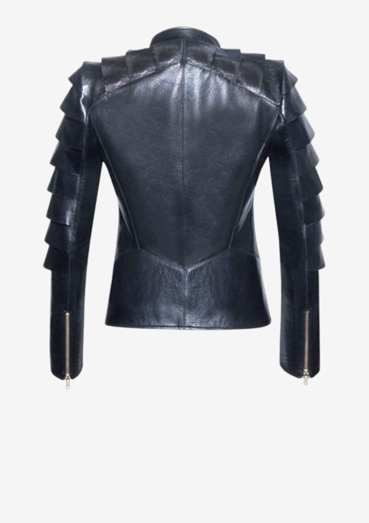 Rückansicht schwarze Designer Lederjacke für Damen aus Lammleder mit plastischen Schuppenärmeln, Stehkragen und matt goldenen Reißverschlüssen von Stefan Eckert.