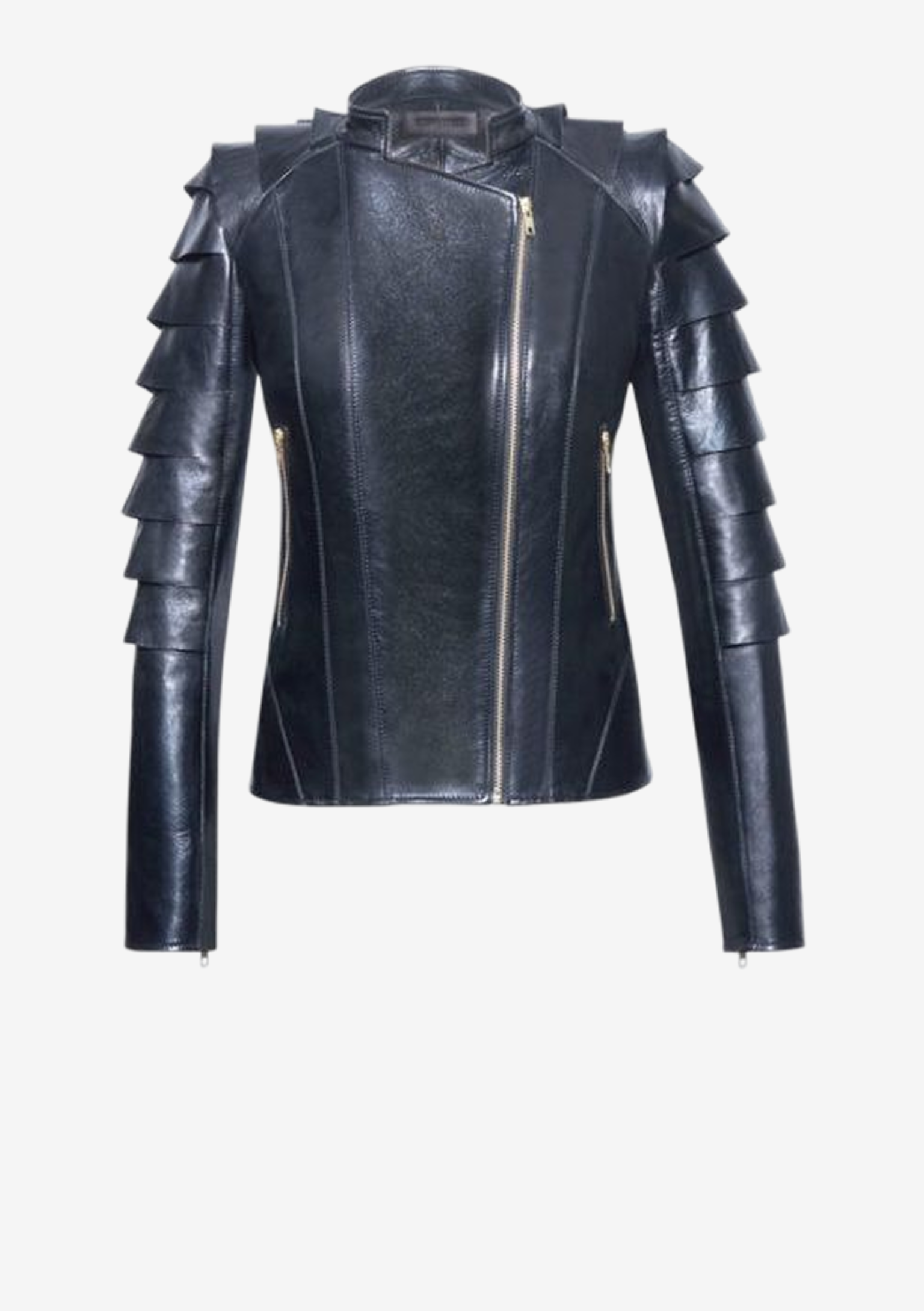 Schwarze Designer Lederjacke für Damen aus Lammleder mit plastischen Schuppenärmeln, Stehkragen und matt goldenen Reißverschlüssen