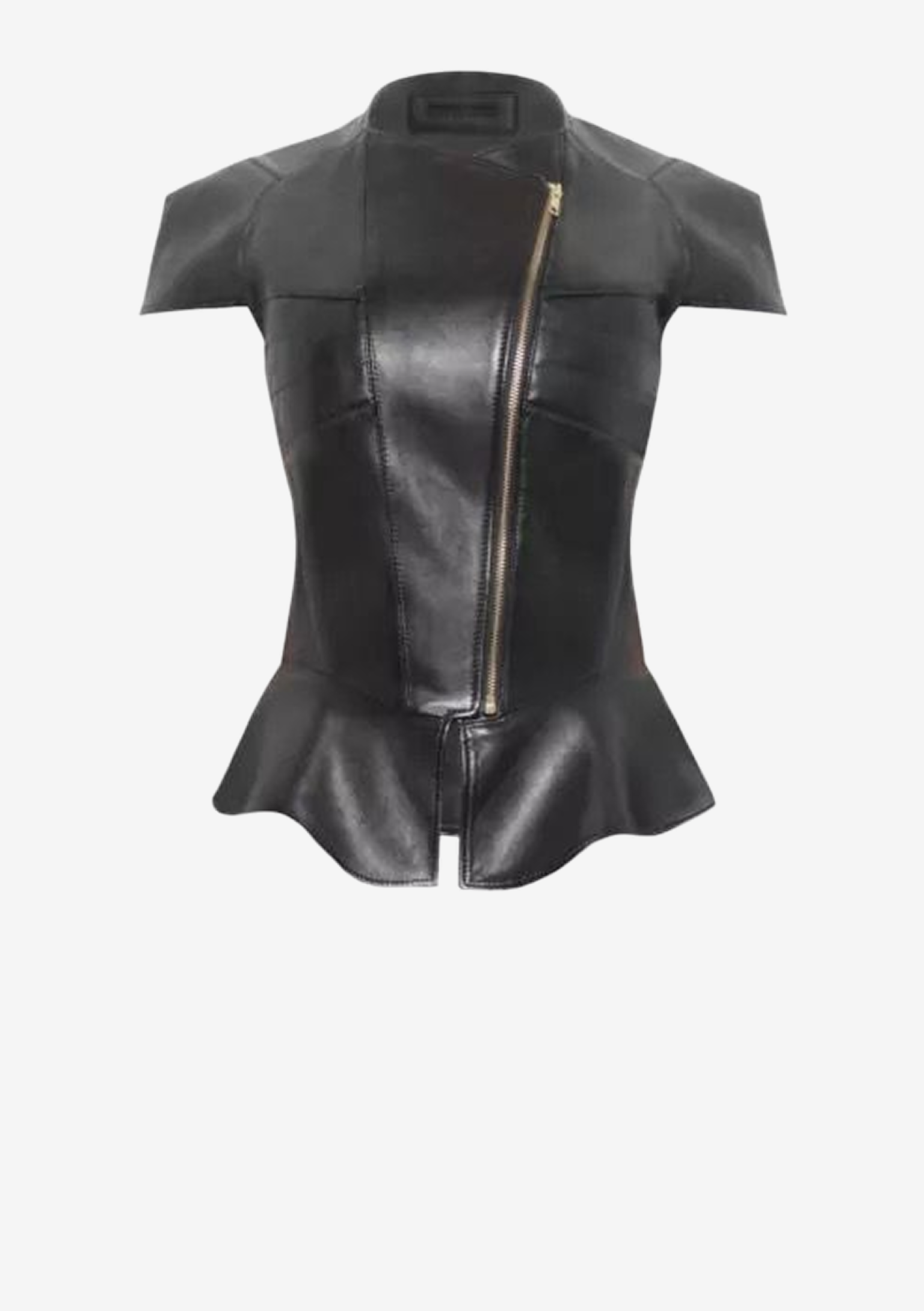 Schwarze Designer Lederjacke für Damen aus französischem Lammleder mit markanter Schulterpartie, tailliertem Schnitt und asymmetrischem Reißverschluss von Stefan Eckert.
