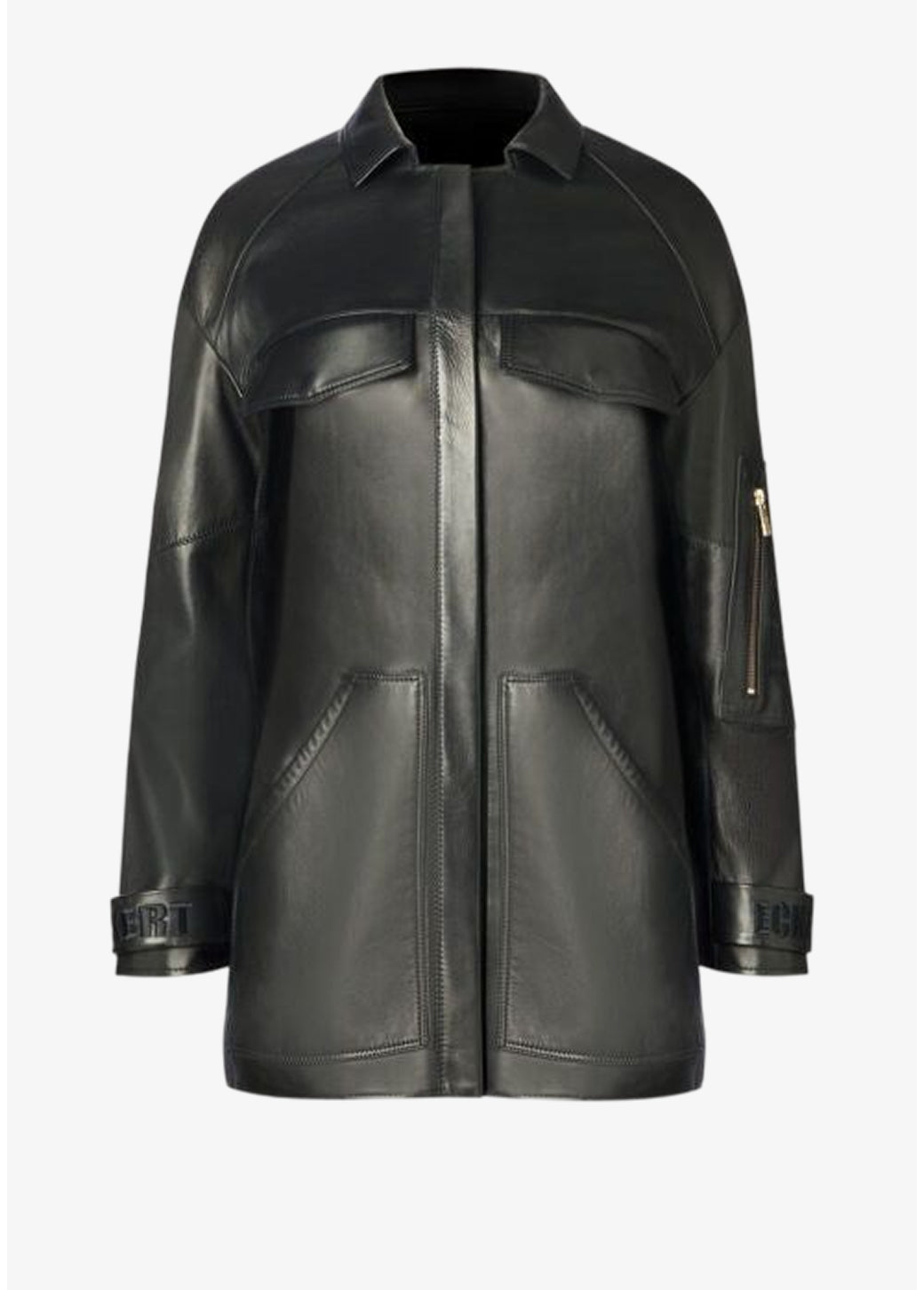 Schwarze Designer Lederjacke für Damen aus Lammleder im Workwear-Stil mit Pattentaschen, Ärmeltasche und Metallreißverschlüssen von Stefan Eckert.