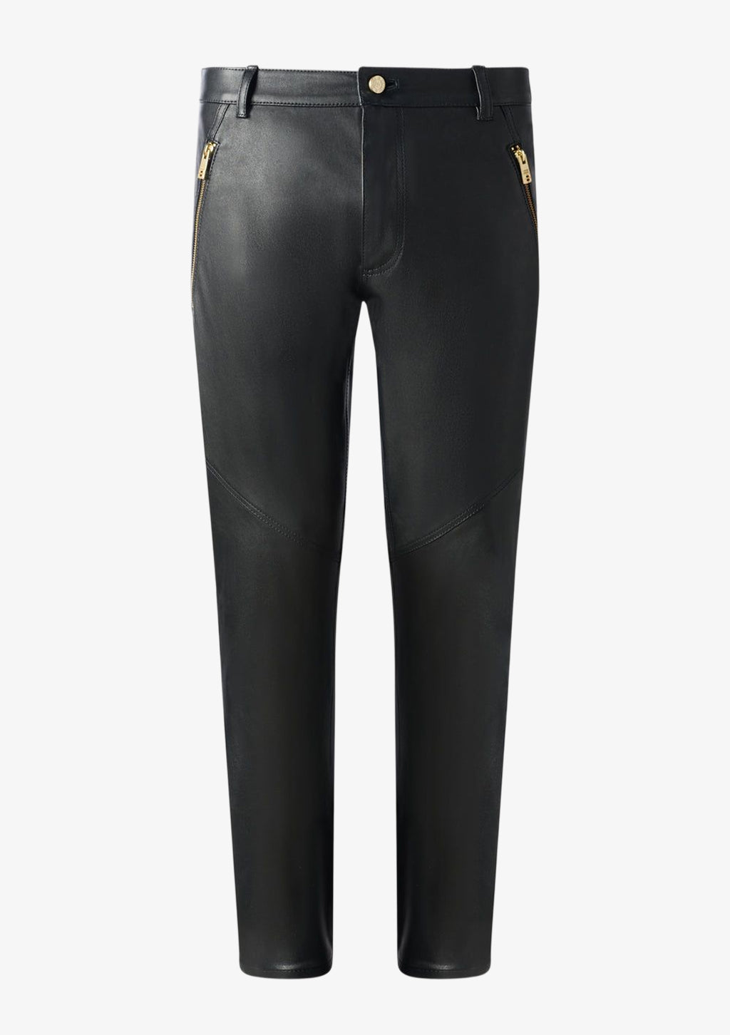 Schwarze Designer Herrenlederhose von Stefan Eckert aus Stretch-Lammleder mit schmaler Passform, Teilungsnähten und goldfarbenen Reißverschlüssen.