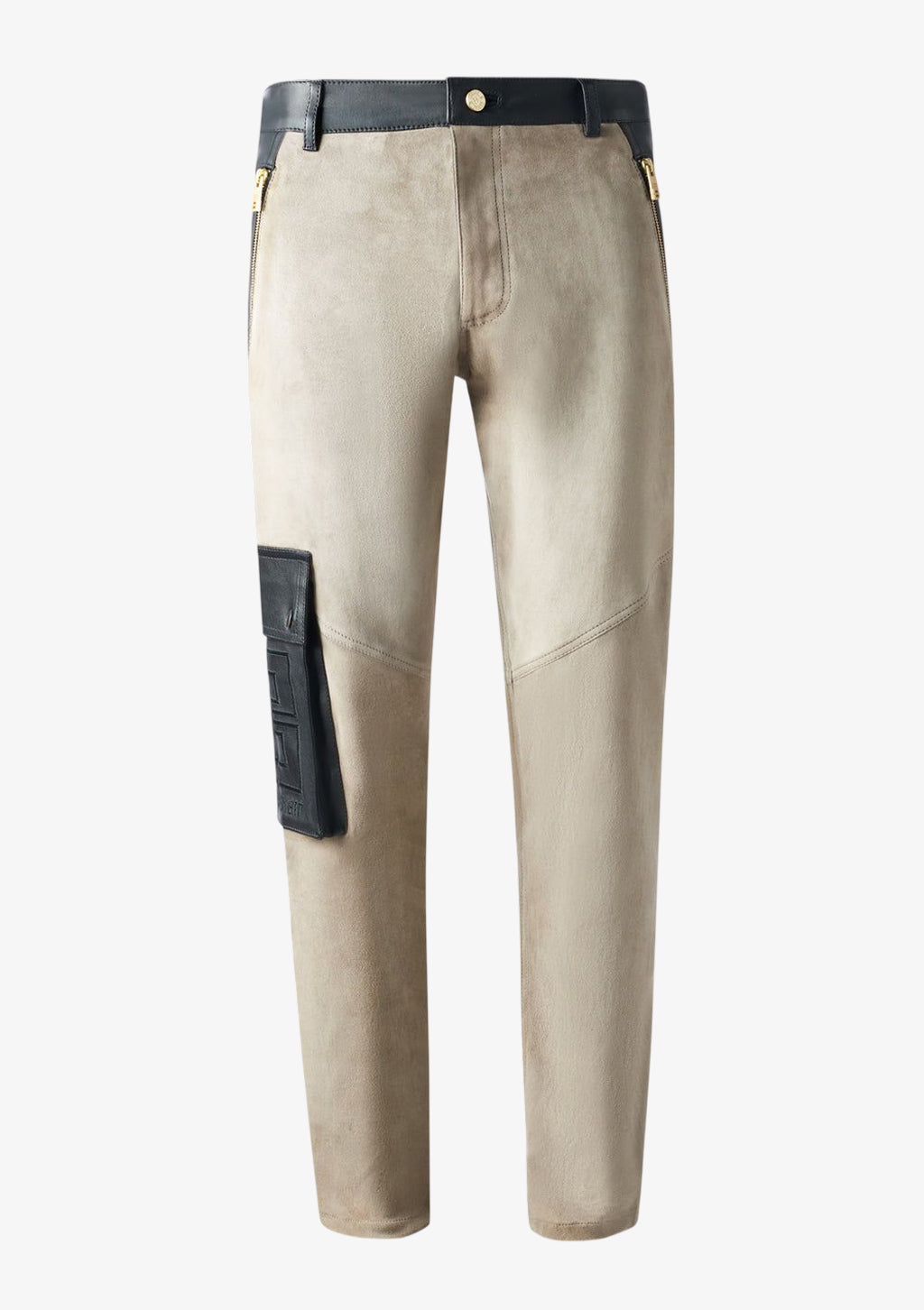 Beigefarbene Velourslederhose für Herren von Stefan Eckert mit schwarzen Lederdetails, goldfarbenen Reißverschlüssen und Double-E-Tasche.