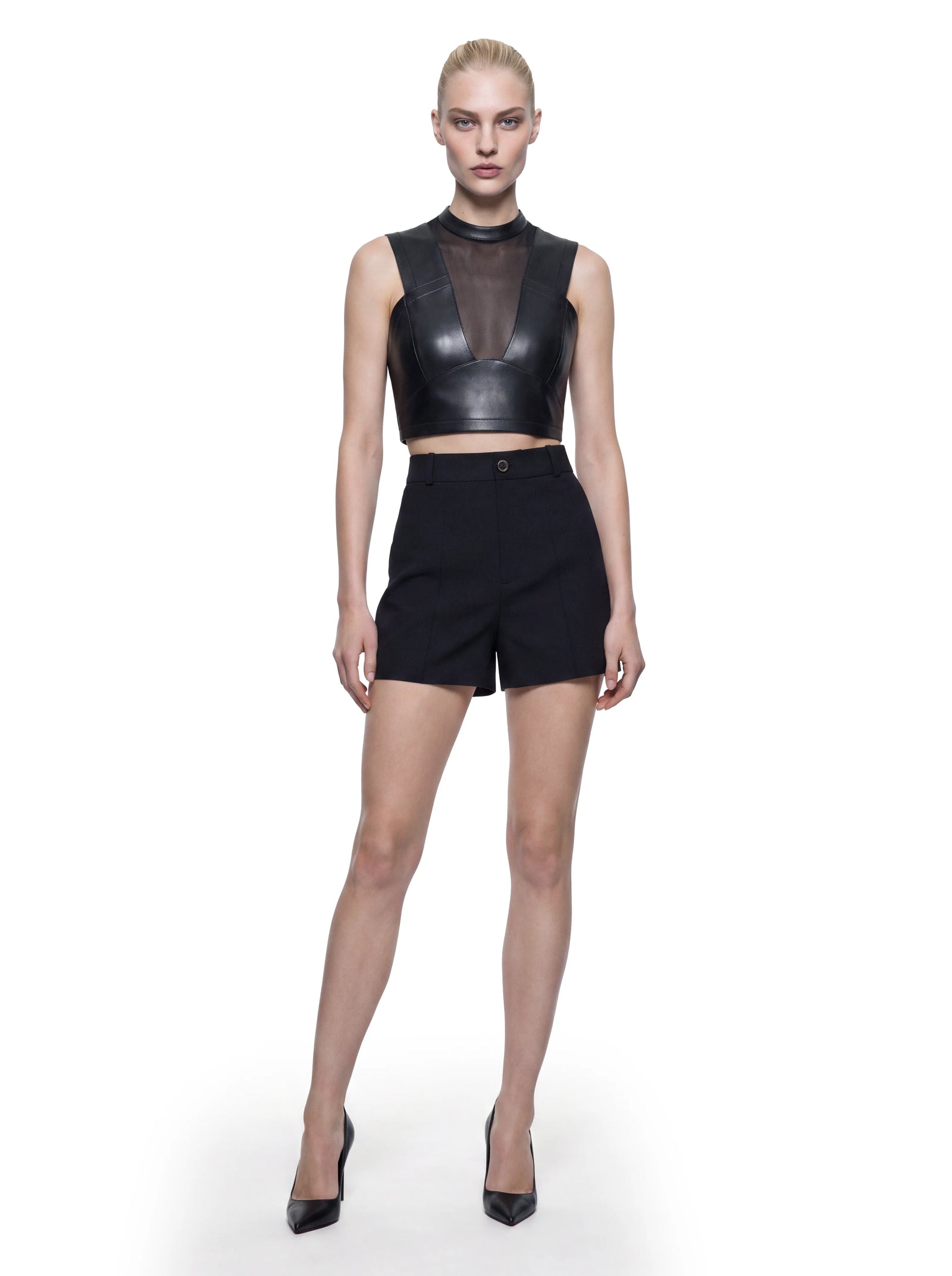 Luxus Designer Crop-Top für Damen aus schwarzem Lammleder mit transparentem Netzausschnitt, Monogram-Reißverschluss und körperbetonter Passform.