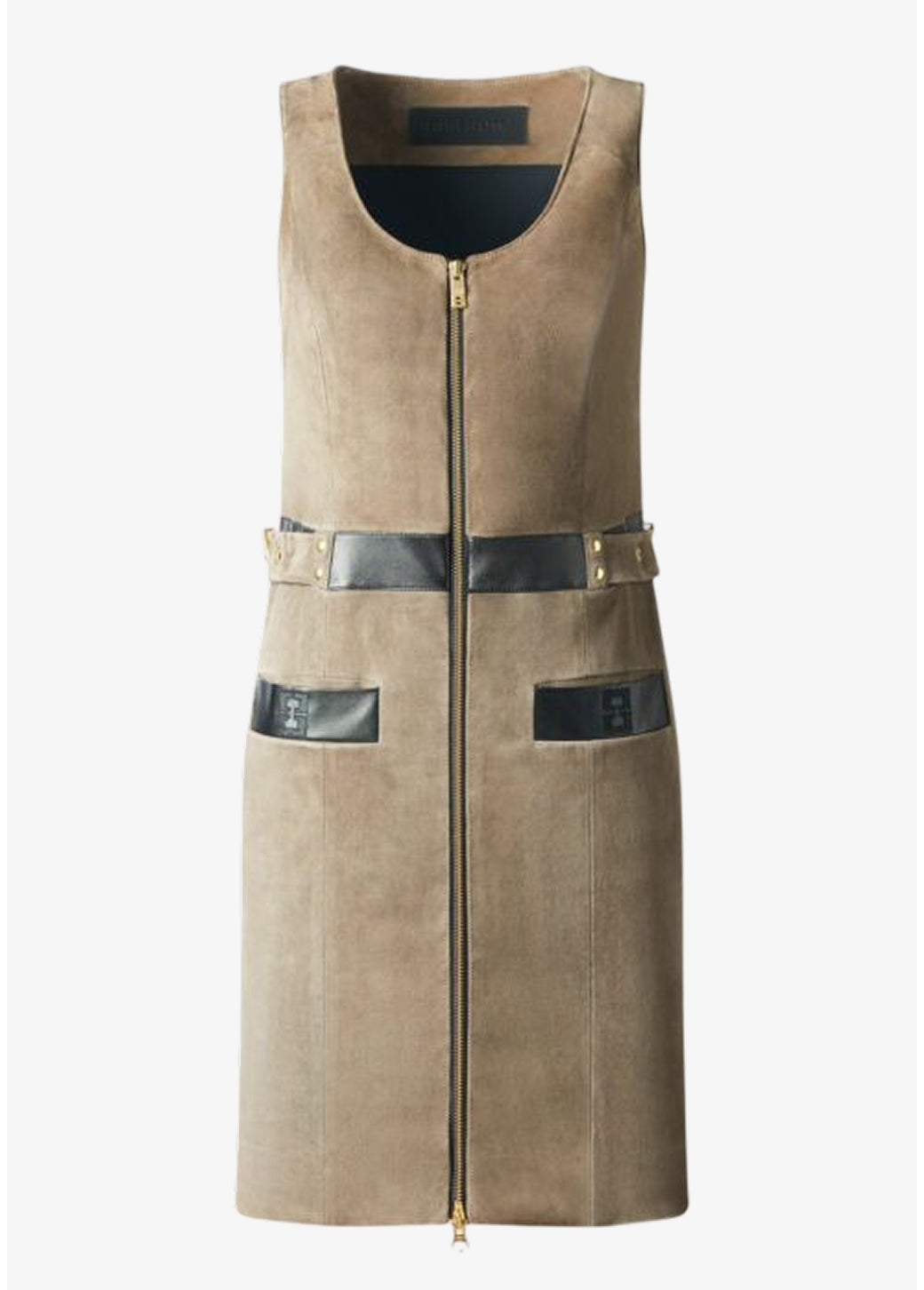 Mini Lederkleid Velours mit Nappa Lammledergürtel und Goldnieten von Designer Stefan Eckert. Erhältlich in Hamburg, London, New York, London und Paris. Suede dress with nappa lambskin belt and gold studs by designer Stefan Eckert. Available in Hamburg, London, New York, London and Paris.