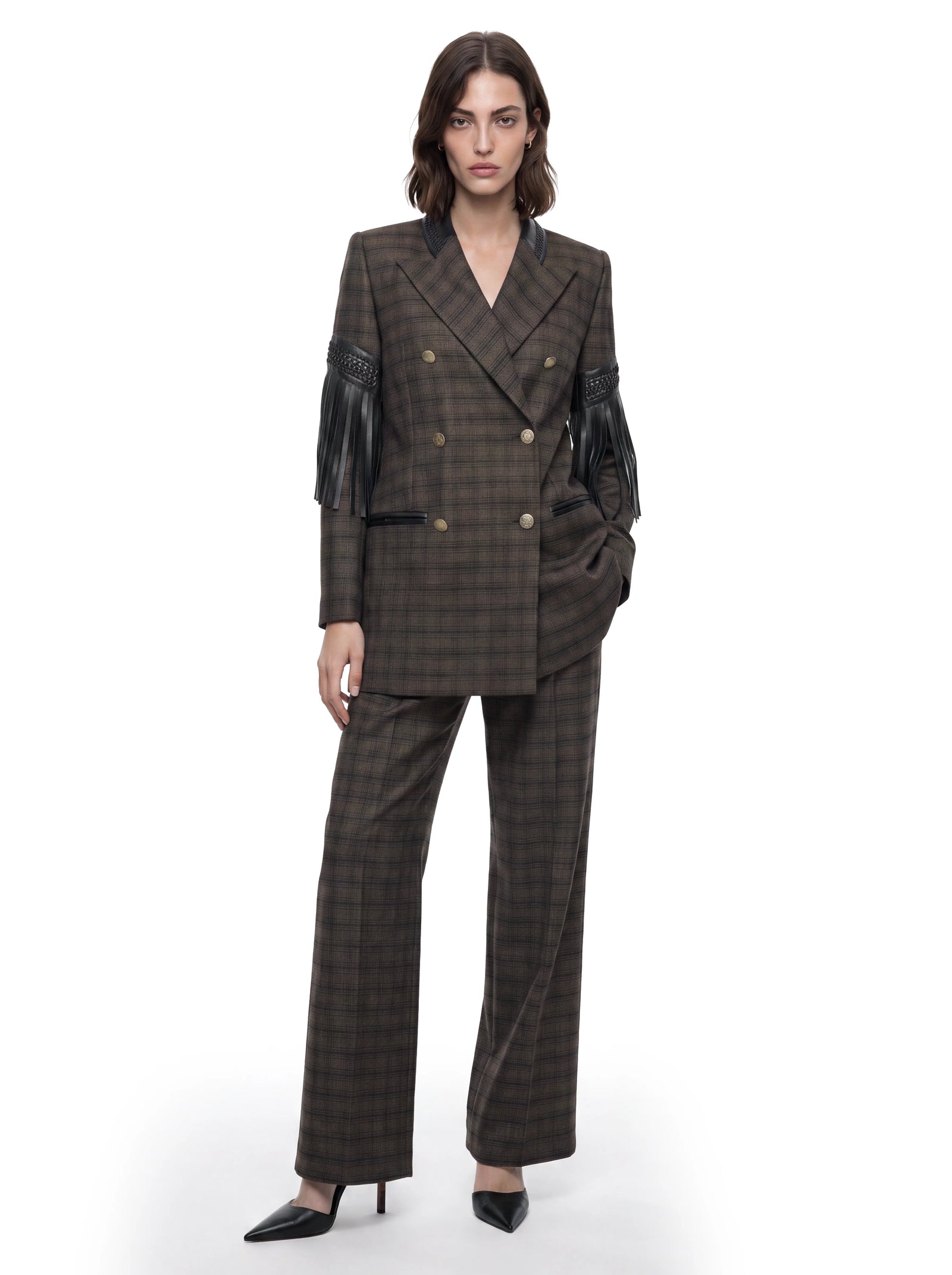 Luxus Designer Anzugshose für Damen aus Wolle mit weitem Bein, eleganter Bügelfalte, braunem Karomuster und klassischem Tailoring.