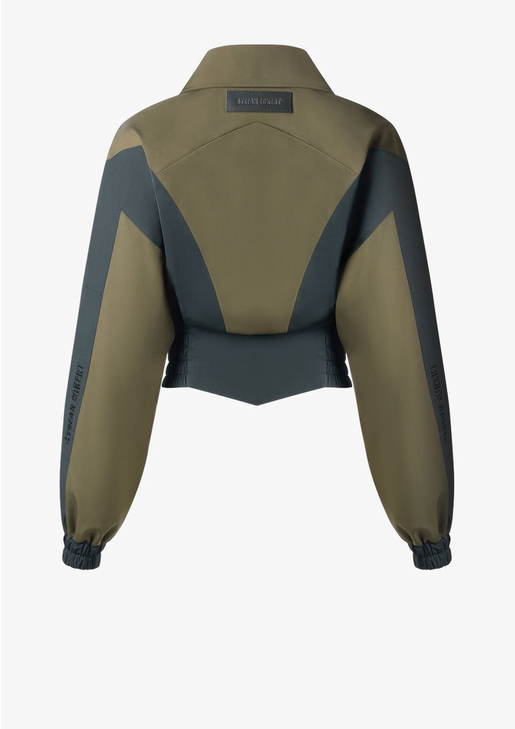 Cropped Windbreaker für Damen in khaki und schwarz von Designer Stefan Eckert. Erhältlich in Hamburg, London, New York, London und Paris. Windbreaker for women in khaki and black by designer Stefan Eckert. Available in Hamburg, London, New York, London and Paris.