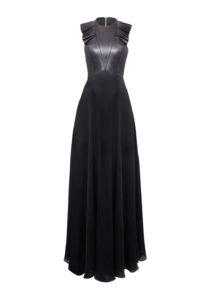 Abendkleid mit Plissee-Flügeln - mit-Falten aus schwarzer Seide und schwarzem Leder, von Designer Stefan Eckert aus Hamburg-1