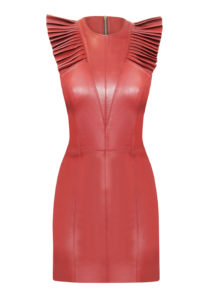 Luxus Lederkleid mit Plissee-Flügeln von Designer Stefan Eckert aus Hamburg, handgebügelte Falten, -rückenfrei,-Farbe-rot