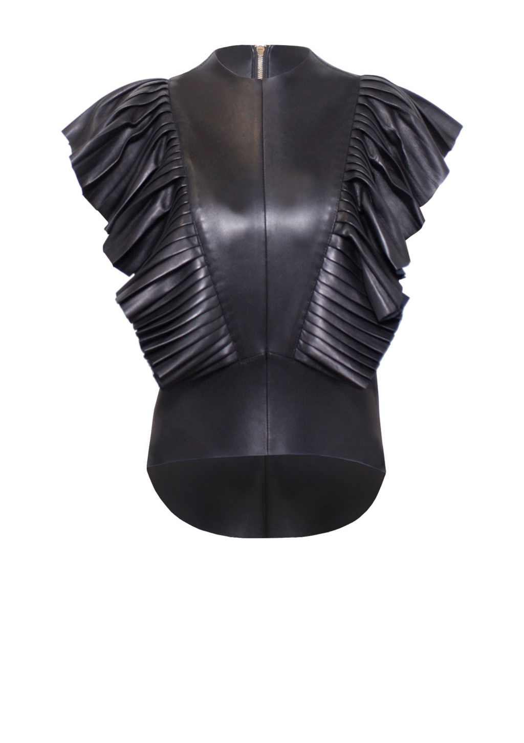 Leder Top mit Plissee-Ärmeln - Leder-Plissee-Bluse-, Ledertop, in Farbe schwarz, von Designer Stefan Eckert aus Hamburg-1