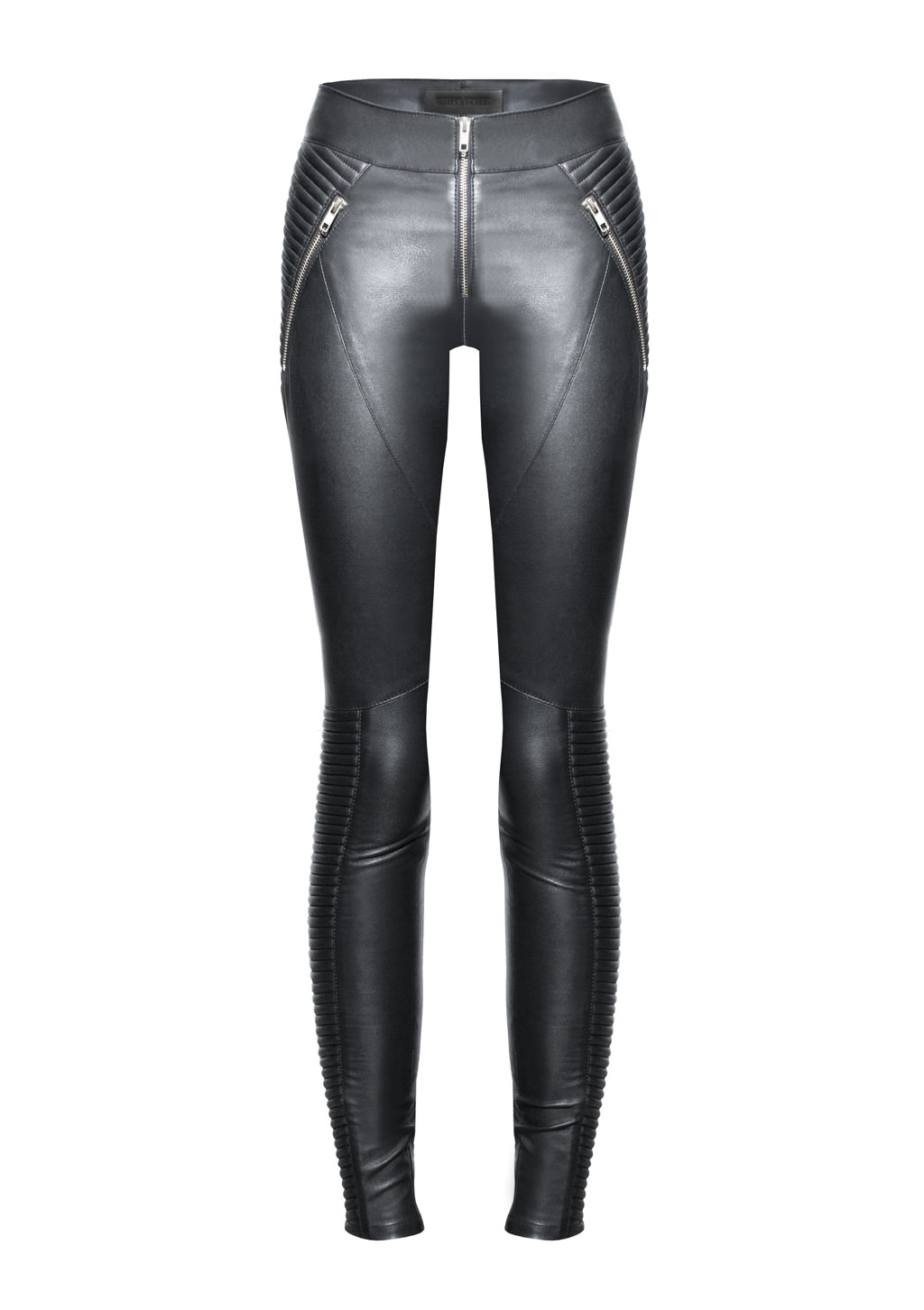 Designer Lederhosen von Stefan Eckert, hergestellt aus exklusivem Lamm-Stretchleder, Farbe schwarz, mit Biker-Steppungen.