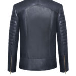 Lederjacke mit raffiniert geschnittenem Kragen und Steppungen in Farbe schwarz. Der Look ist inspiriert am Bikerstil. Ein Modell von Designer Stefan Eckert aus Hamburg