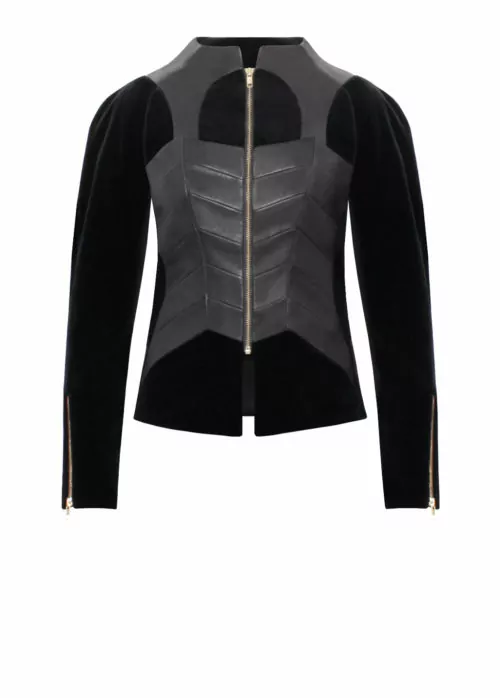 Corsage Samtjacke mit Ledereinsätzen, Bondage-Style, Samtblazer, schwarz, von Designer Stefan Eckert aus Hamburg-1
