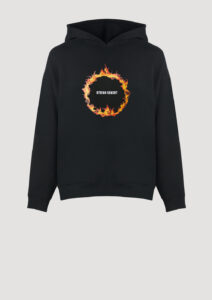 Designer Hoodie by Stefan Eckert, made of high quality organic cotton, color black, with ring of fire digital print and embroidery. For women. Available in two sizes.