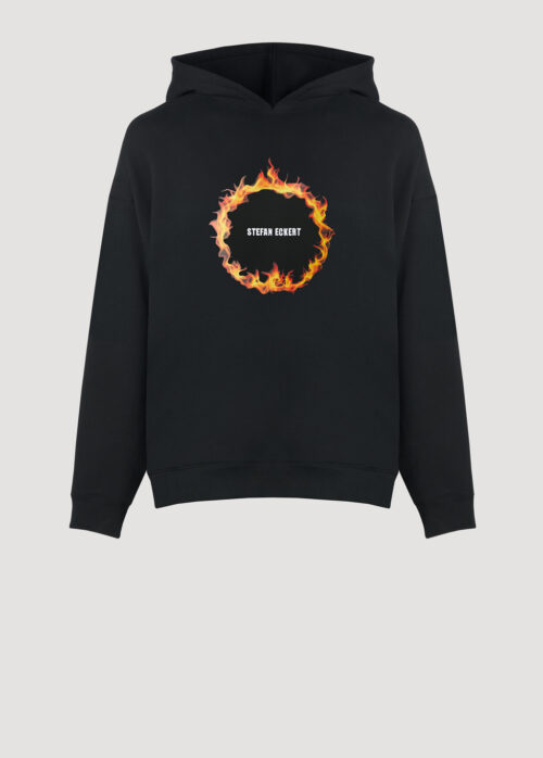 Designer Hoodie by Stefan Eckert, made of high quality organic cotton, color black, with ring of fire digital print and embroidery. For women. Available in two sizes.