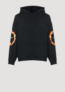 Designer Hoodie by Stefan Eckert, made of high quality organic cotton, color black, with ring of fire digital print and embroidery. For women. Available in two sizes.