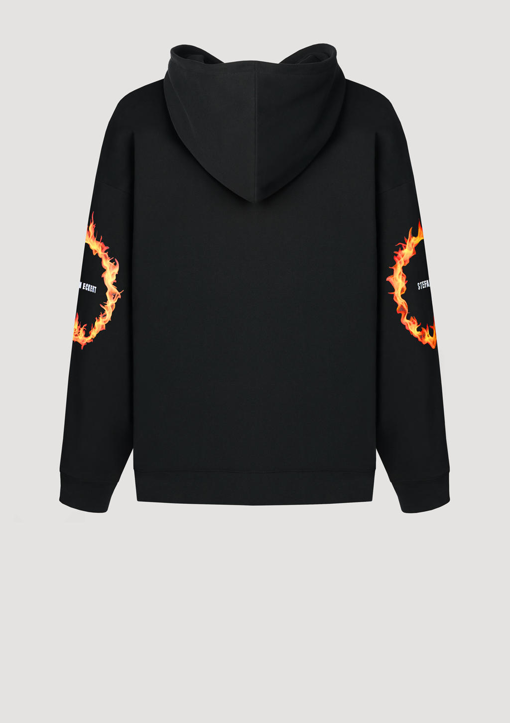 Designer Hoodie by Stefan Eckert, made of high quality organic cotton, color black, with ring of fire digital print and embroidery. For women. Available in two sizes.