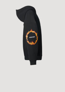 Designer Hoodie by Stefan Eckert, made of high quality organic cotton, color black, with ring of fire digital print and embroidery. For women. Available in two sizes.