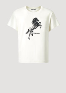 Designer T-Shirt by Stefan Eckert, made of high quality organic cotton, with horse print and lamb leather embroidery. For men and women. Available in two sizes.