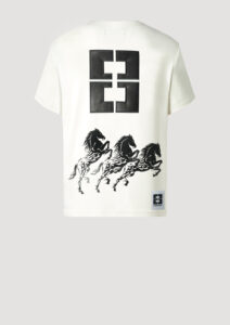 Designer T-Shirt by Stefan Eckert, made of high quality organic cotton, with horse print and lamb leather embroidery. For men and women. Available in two sizes.