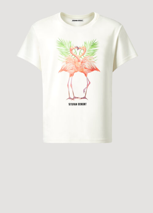 Designer T-Shirt by Stefan Eckert, made of high quality organic cotton, color ecru, with flamingo and palm print. For men and women. Available in two sizes.