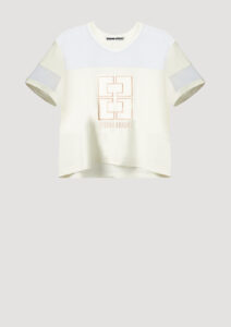 Designer T-Shirt by Stefan Eckert, made of high quality organic cotton, color ecru, with transparent sleeves. For women. Available in two sizes.