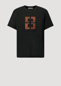 Designer T-Shirt by Stefan Eckert, made of high quality organic cotton, with lamb leather logo embroidery in vintage look. For men and women. Available in two sizes.