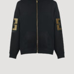 Designer Zip Hoodie by Stefan Eckert, made of high quality organic cotton, color black, with leather embroidery and gold zipper. Menswear. Available in two sizes.