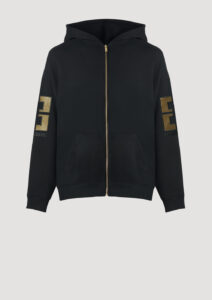 Designer Zip Hoodie by Stefan Eckert, made of high quality organic cotton, color black, with leather embroidery and gold zipper. Menswear. Available in two sizes.
