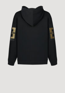 Designer Zip Hoodie by Stefan Eckert, made of high quality organic cotton, color black, with leather embroidery and gold zipper. Menswear. Available in two sizes.