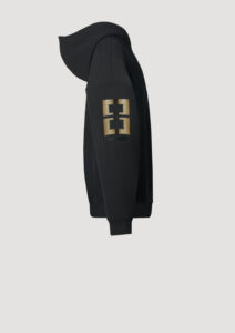 Designer Zip Hoodie by Stefan Eckert, made of high quality organic cotton, color black, with leather embroidery and gold zipper. Menswear. Available in two sizes.