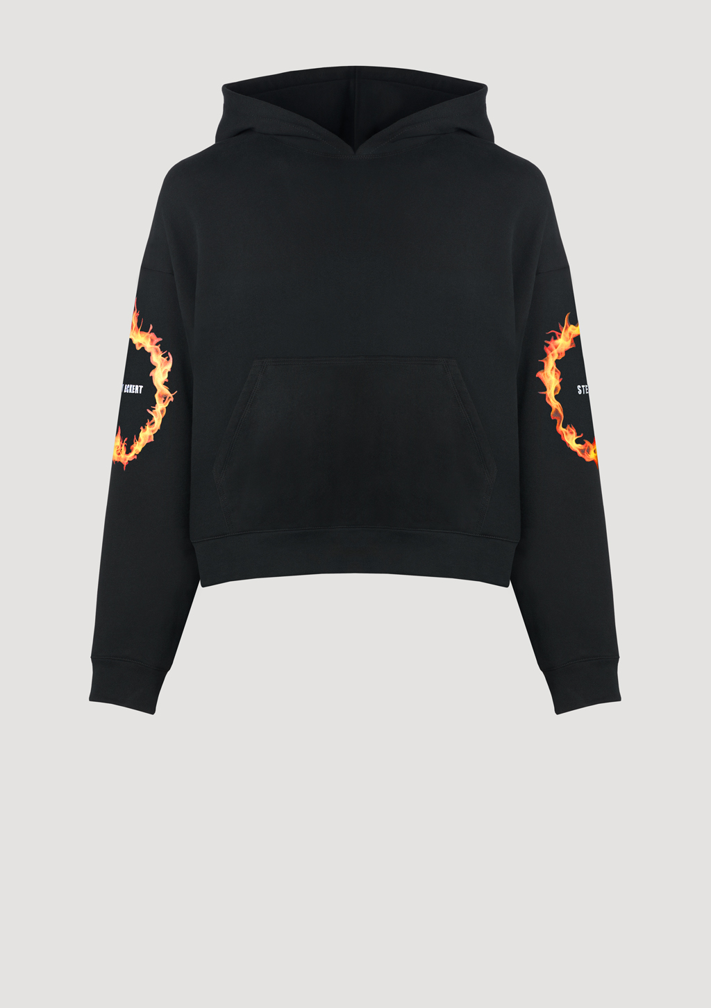 Designer Hoodie by Stefan Eckert, made of high quality organic cotton, color black, with ring fire digital print on sleeves. For women. Available in two sizes.