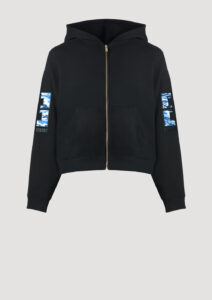 Designer Hoodie by Stefan Eckert, made of high quality organic cotton, color black, with camouflage embroidery on sleeves. For women. Available in two sizes.