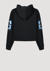 Designer Hoodie by Stefan Eckert, made of high quality organic cotton, color black, with camouflage embroidery on sleeves. For women. Available in two sizes.