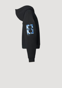 Designer Hoodie by Stefan Eckert, made of high quality organic cotton, color black, with camouflage embroidery on sleeves. For women. Available in two sizes.