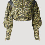 Camouflage Jacke kurz von Designer Stefan Eckert mit Puffärmeln und Reißverschluss in gold. Erhältlich in Hamburg, London, New York, London und Paris. Camouflage jacket short by designer Stefan Eckert with puff sleeves and zipper in gold. Available in Hamburg, London, New York, London and Paris.