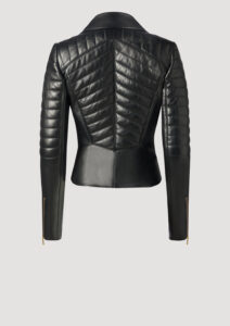 Luxus Lederjacke - the Skeleton leather jacket- für Damen im Bikerstil mit Steppungen in schwarz aus feinem Lammleder von Designer Stefan Eckert. Erhältlich in Hamburg, London, New York, London und Paris. The Skeleton leather jacket for women in biker style with quilting in black made of fine lamb leather by designer Stefan Eckert. Available in Hamburg, London, New York, London and Paris.