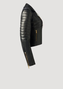 Luxus Lederjacke - the Skeleton leather jacket- für Damen im Bikerstil mit Steppungen in schwarz aus feinem Lammleder von Designer Stefan Eckert. Erhältlich in Hamburg, London, New York, London und Paris. The Skeleton leather jacket for women in biker style with quilting in black made of fine lamb leather by designer Stefan Eckert. Available in Hamburg, London, New York, London and Paris.