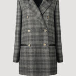 Bonnie Blazer Karo, Doppelreihiger Blazer für Damen aus karierter feiner Wolle in grau und schwarz mit geflochtenem Lederkragen von Designer Stefan Eckert. Erhältlich in Hamburg, London, New York, London und Paris. Double-breasted blazer for women in checked fine wool in gray and black with braided leather collar by designer Stefan Eckert. Available in Hamburg, London, New York, London and Paris.