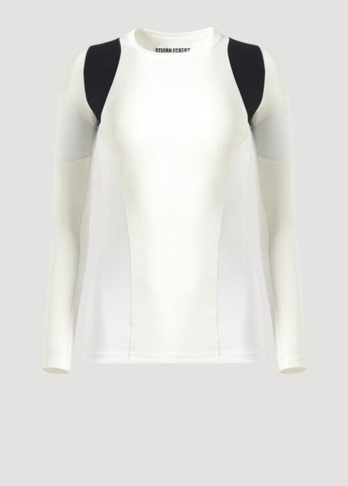 Sonar Longsleeve weiß mit transparenten Seitenteilen von Designer Stefan Eckert. Erhältlich in Hamburg, London, New York, London und Paris. Longsleeve white with transparent side parts by designer Stefan Eckert. Available in Hamburg, London, New York, London and Paris.