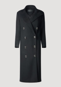 Bonnie Mantel, Doppelreihiger Kaschmirmantel für Damen in schwarz von Designer Stefan Eckert. Erhältlich in Hamburg, London, New York, London und Paris. Double-breasted cashmere coat for women in black by designer Stefan Eckert. Available in Hamburg, London, New York, London and Paris.